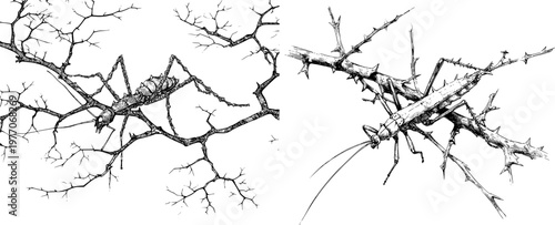 A slender stick insect blends seamlessly with its thin branches in a monochrome coloring book style illustration