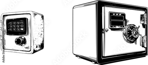 A sleek, modern safe box with a digital combination lock features bold black ink outlines against a solid white background, exuding an air of sophistication in its monochrome graphic style