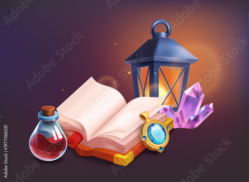 Magic Book with Lantern and Potion Fantasy Illustration
