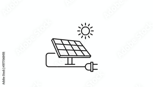 Black line drawing of solar panel with sun and electrical plug