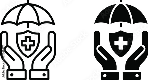 Healthcare, protection icon collection, umbrella shield and medical cross held by hands symbolizing health insurance security patient care and financial protection concept.