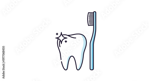 Simple icon of a clean white tooth with a sparkle next to a blue toothbrush representing dental hygiene and oral healthcare.