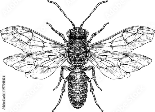 This elegant velvet ant wingless wasp form showcases a striking monochrome design with sharp black ink outlines against a solid white background, rendered in a highly detailed symmetrical art style