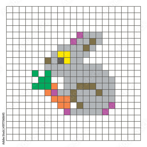 A flat pixel design made of geometric square color blocks on a clean grid layout. Pixel art rabbit