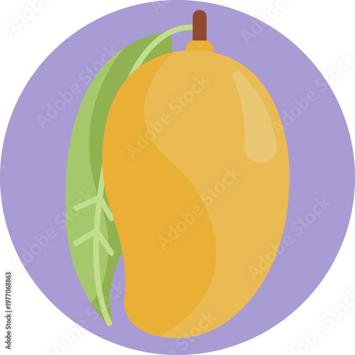A clean line icon of a mango with a curved oval shape, a small leaf on top, and a minimal stem, representing the fruit’s iconic silhouette.