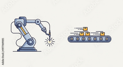 Industrial robot arm and conveyor belt with boxes.