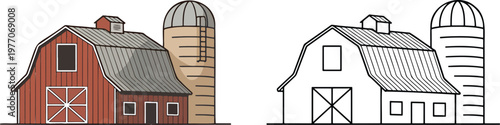 Farm house illustration & outline set isolated on transparent background
