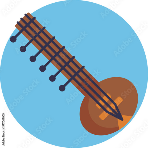 A clean outline of a sitar showing its long neck, rounded resonating body, and tuning pegs—simple and elegant, ideal for modern UI.