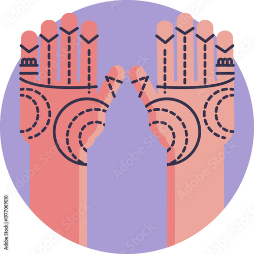 A stylized hand decorated with intricate henna (mehndi) patterns, representing cultural traditions, celebrations, and rituals commonly seen in India.