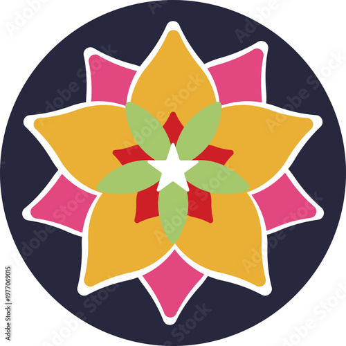 A symmetrical decorative pattern inspired by traditional Indian Rangoli art, featuring geometric shapes arranged in a circular or floral layout.