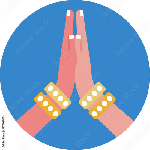 A simple icon showing two hands pressed together vertically, symbolizing prayer, respect, and greeting in Indian culture.