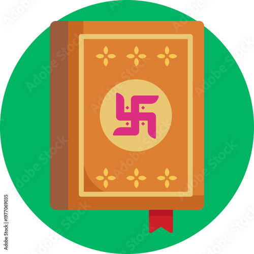 An open or closed book marked with a swastik motif, symbolizing wisdom, religious texts, and positive energy rooted in Indian traditions.