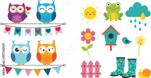 "Spring-themed Vector Set with Owls, Flowers, Sun, Rain Boots, and Garden Accessories for Kids, Nature, and Fun Designs"