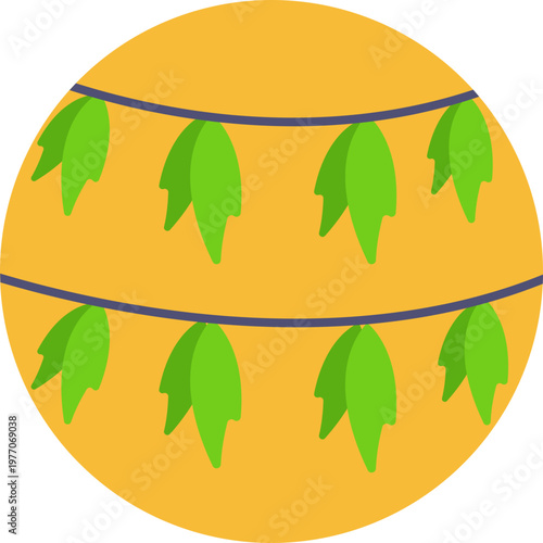 A traditional Indian doorway ornament featuring a string of mango leaves or marigolds, representing auspicious beginnings and positive energy.