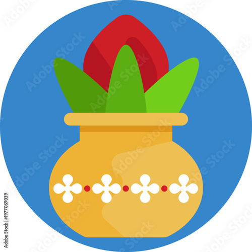 A sacred pot (Kalash) filled with holy water, often topped with mango leaves and a coconut, representing purity, abundance, and spiritual energy in Indian culture.