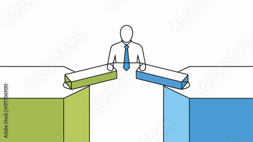 A businessman stands at the edge of a gap between two opposing platforms in a simple line drawing.
