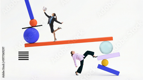 Businesswoman balancing on abstract structure with geometric elements representing risk and control. Concept of leadership pressure, decision making and maintaining stability in complex situations