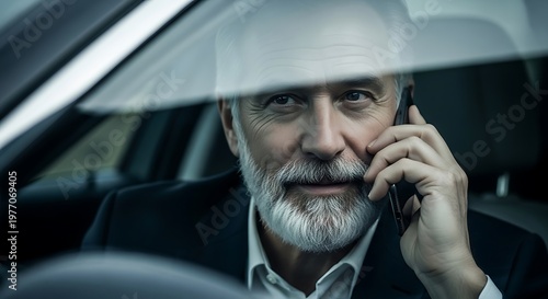 Mature businessman talking on phone while driving a car.