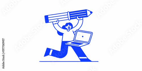 Person celebrating with a large pencil and open laptop illustration