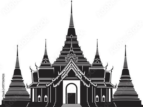 Black Silhouette of Traditional Thailand Temple and Pagoda Complex for Bangkok Tourism, Buddhist Religious Landmark Branding, and Asian Architectural Heritage Design