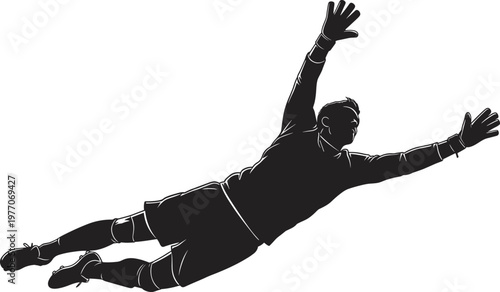 Black Silhouette of Soccer Goalkeeper Diving to Save Goal for Football Sports Competition, Athlete Action Performance, and Professional Goalie Training Graphics