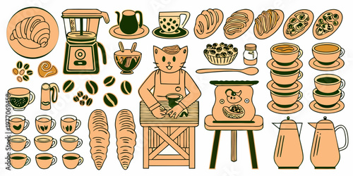 A charming illustration of breakfast items a cat barista and coffee accessories