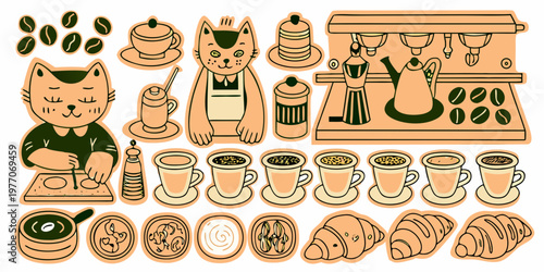 Whimsical illustration of coffee cats and baked goods in warm tones