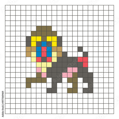 A flat pixel design made of geometric square color blocks on a clean grid layout. Pixel art baboon