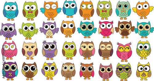 "Colorful Hand-drawn Owl Collection with Various Designs, Expressive Faces, and Playful Poses for Kids, Nursery, and Animal-themed Projects"
