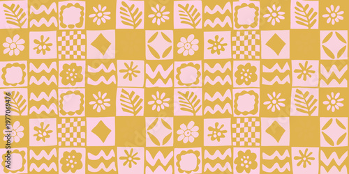 Colorful geometric pattern with floral and abstract shapes in a grid