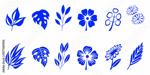 Stylized blue tropical leaves and flowers arranged in two rows