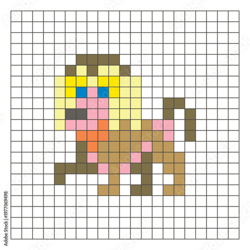 A flat pixel design made of geometric square color blocks on a clean grid layout. Pixel art baboon
