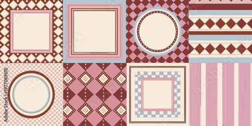 A collection of decorative frames and patterned backgrounds in pastel tones