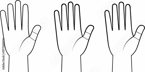 Three hands displaying different gesture configurations in a line