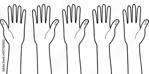 A group of hands raised in the air sketched in black lines