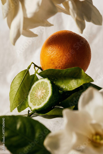 A perfume ingredients concept featuring fresh orange fruit and green leaves, representing natural citrus fragrance and organic beauty elements.