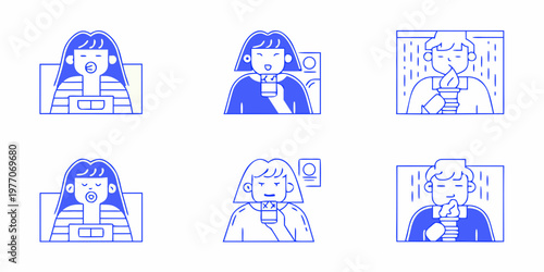 Six blue line art portraits of people with varied expressions