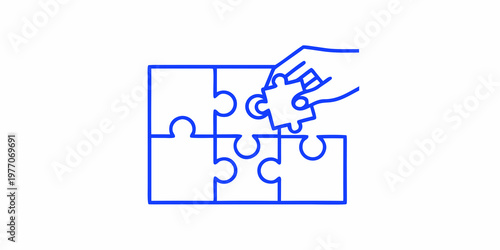 A hand fitting the final piece into a blue puzzle outline