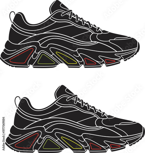 Flat vector illustration of a pair of modern black athletic sneakers with colorful sole details isolated on white background.