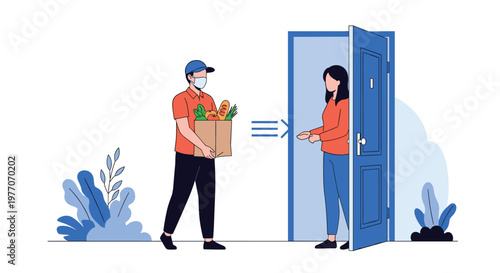 Courier delivering a box of fresh groceries to a woman at an open doorway while wearing a protective face mask for safety.