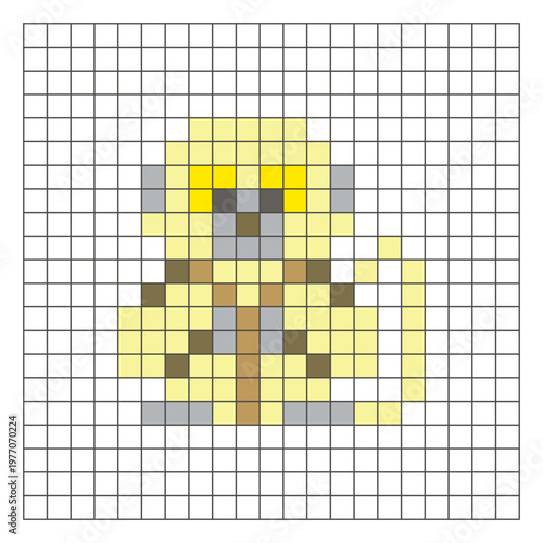 A flat pixel design made of geometric square color blocks on a clean grid layout. Pixel art snow monkey