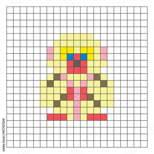 A flat pixel design made of geometric square color blocks on a clean grid layout. Pixel art snow monkey