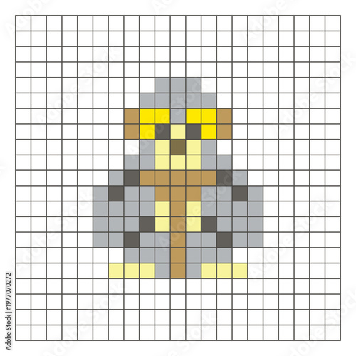 A flat pixel design made of geometric square color blocks on a clean grid layout. Pixel art gibbon