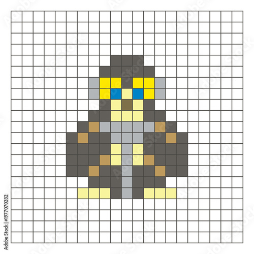 A flat pixel design made of geometric square color blocks on a clean grid layout. Pixel art gibbon