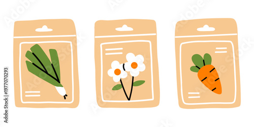 Vector flat illustration of gardening seed packets set with herb, flower and carrot design. Spring cute garden clipart for packaging, planner sticker, web icon design. Farming and agriculture element.