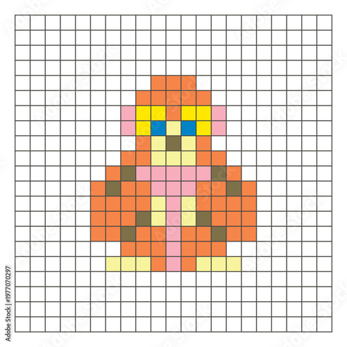 A flat pixel design made of geometric square color blocks on a clean grid layout. Pixel art gibbon