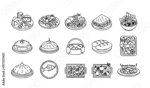 Platter line vector icon set with cheese, fruit, sushi, dessert, and appetizer platters for food designs