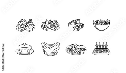Minimalist platter line icon vector set of cheese, sushi, fruit, dessert, and appetizer trays