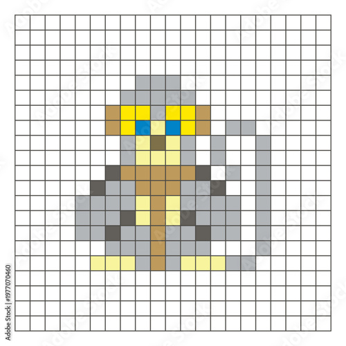 A flat pixel design made of geometric square color blocks on a clean grid layout. Pixel art monkey