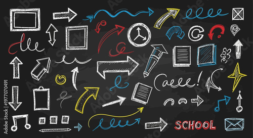 Chalkboard doodles: arrows, shapes, school supplies, and handwritten text on world map background